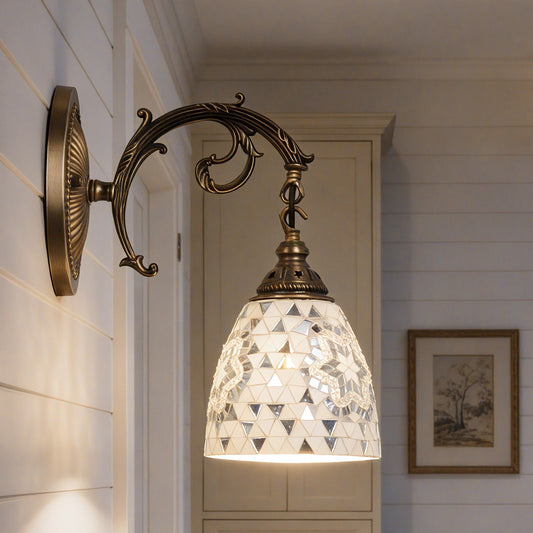 Vintage Mosaic Glass Wall Sconce - Ornate Bronze Wall Light (E26 Base, Warm Light Included)