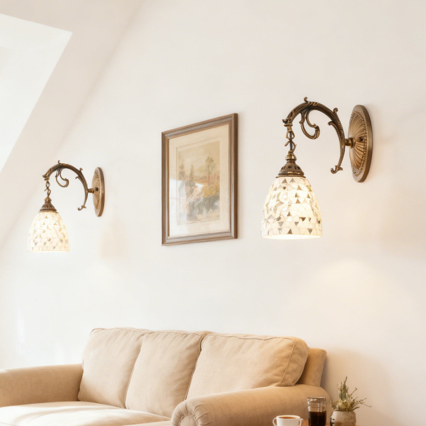 Vintage Mosaic Glass Wall Sconce - Ornate Bronze Wall Light (E26 Base, Warm Light Included)