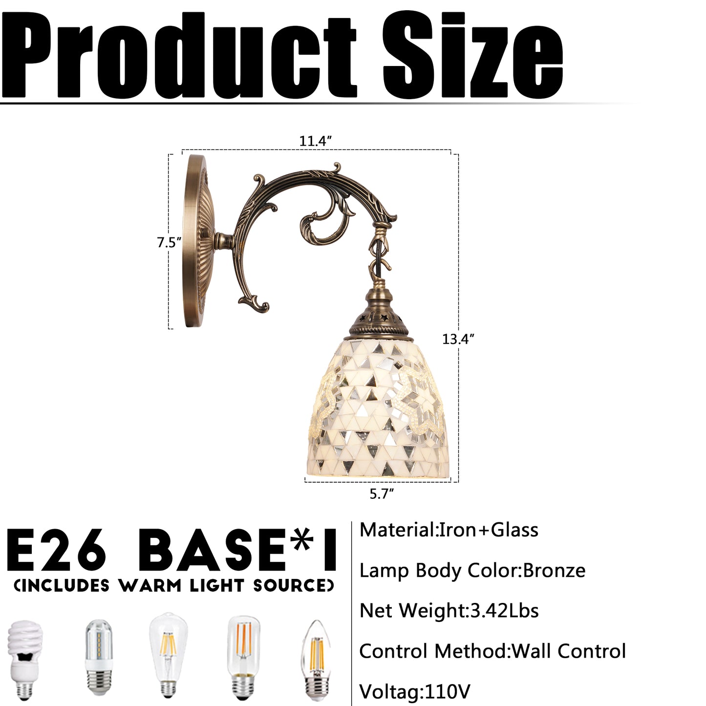 Vintage Mosaic Glass Wall Sconce - Ornate Bronze Wall Light (E26 Base, Warm Light Included)