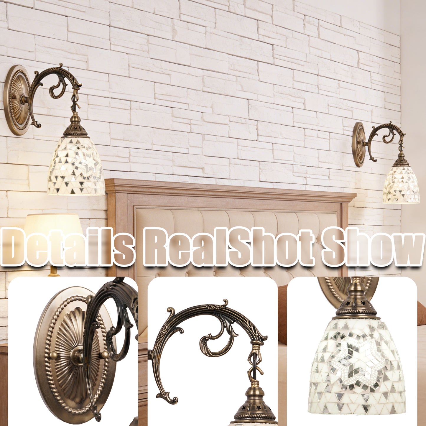 Vintage Mosaic Glass Wall Sconce - Ornate Bronze Wall Light (E26 Base, Warm Light Included)