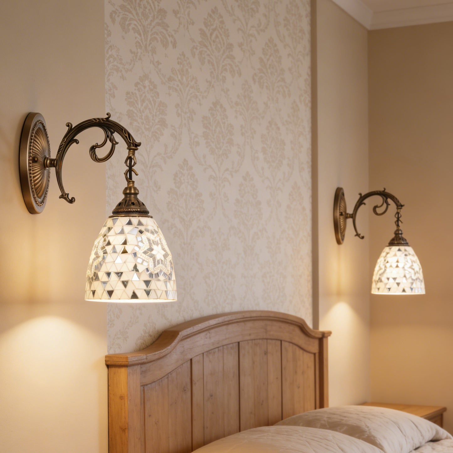 Vintage Mosaic Glass Wall Sconce - Ornate Bronze Wall Light (E26 Base, Warm Light Included)