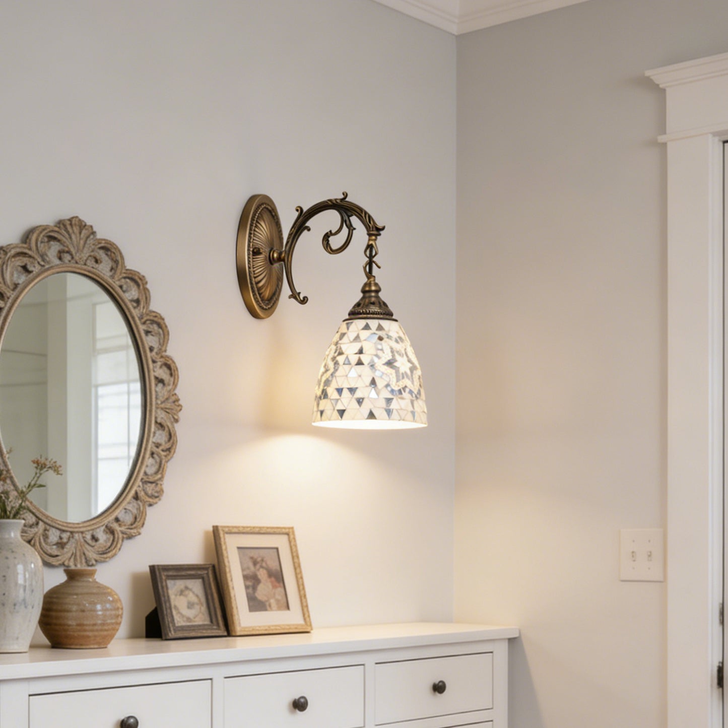 Vintage Mosaic Glass Wall Sconce - Ornate Bronze Wall Light (E26 Base, Warm Light Included)