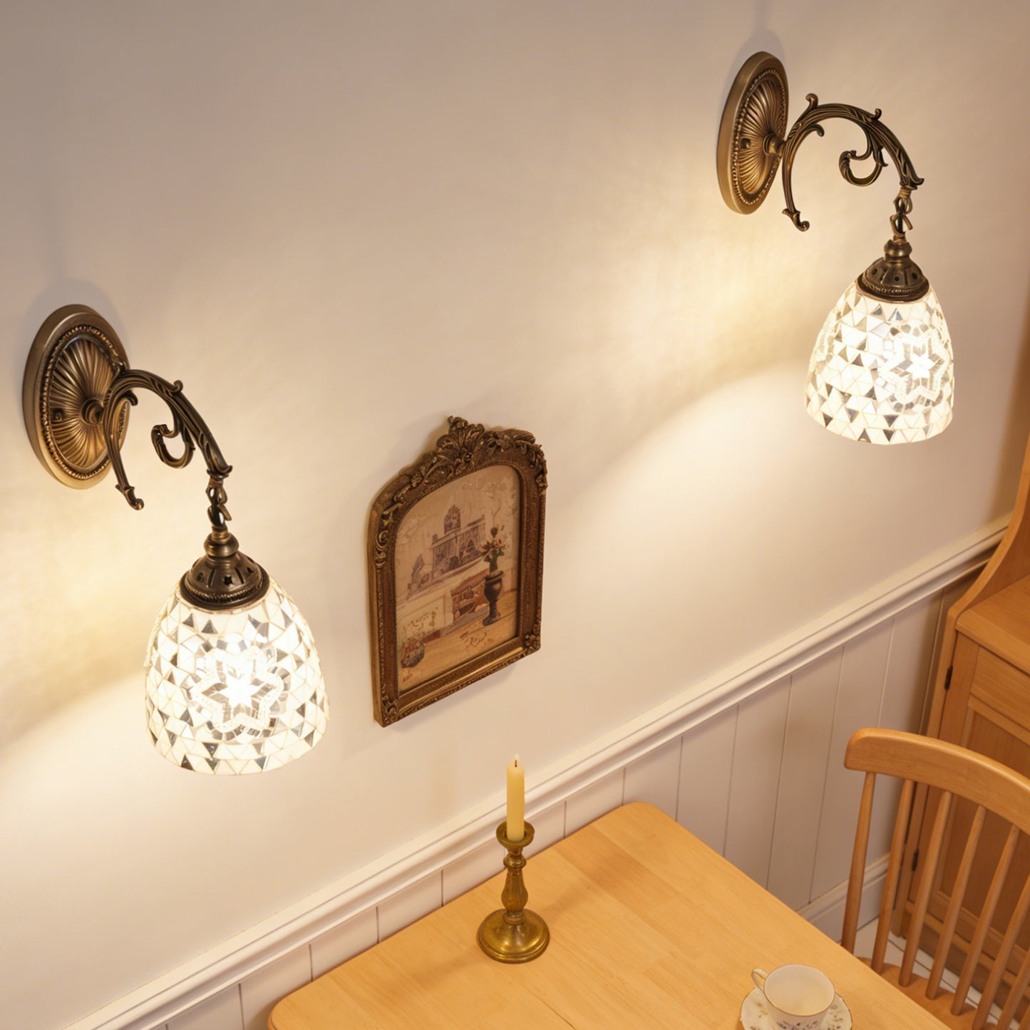 Vintage Mosaic Glass Wall Sconce - Ornate Bronze Wall Light (E26 Base, Warm Light Included)