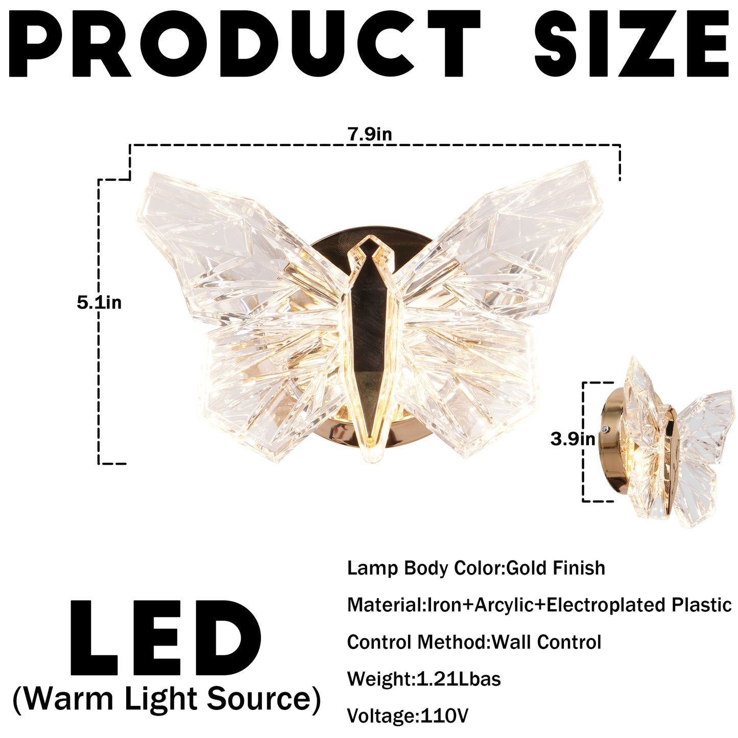 Modern Crystal Butterfly LED Wall Sconce - GoldFinish Wall Light(Warm LED Included)