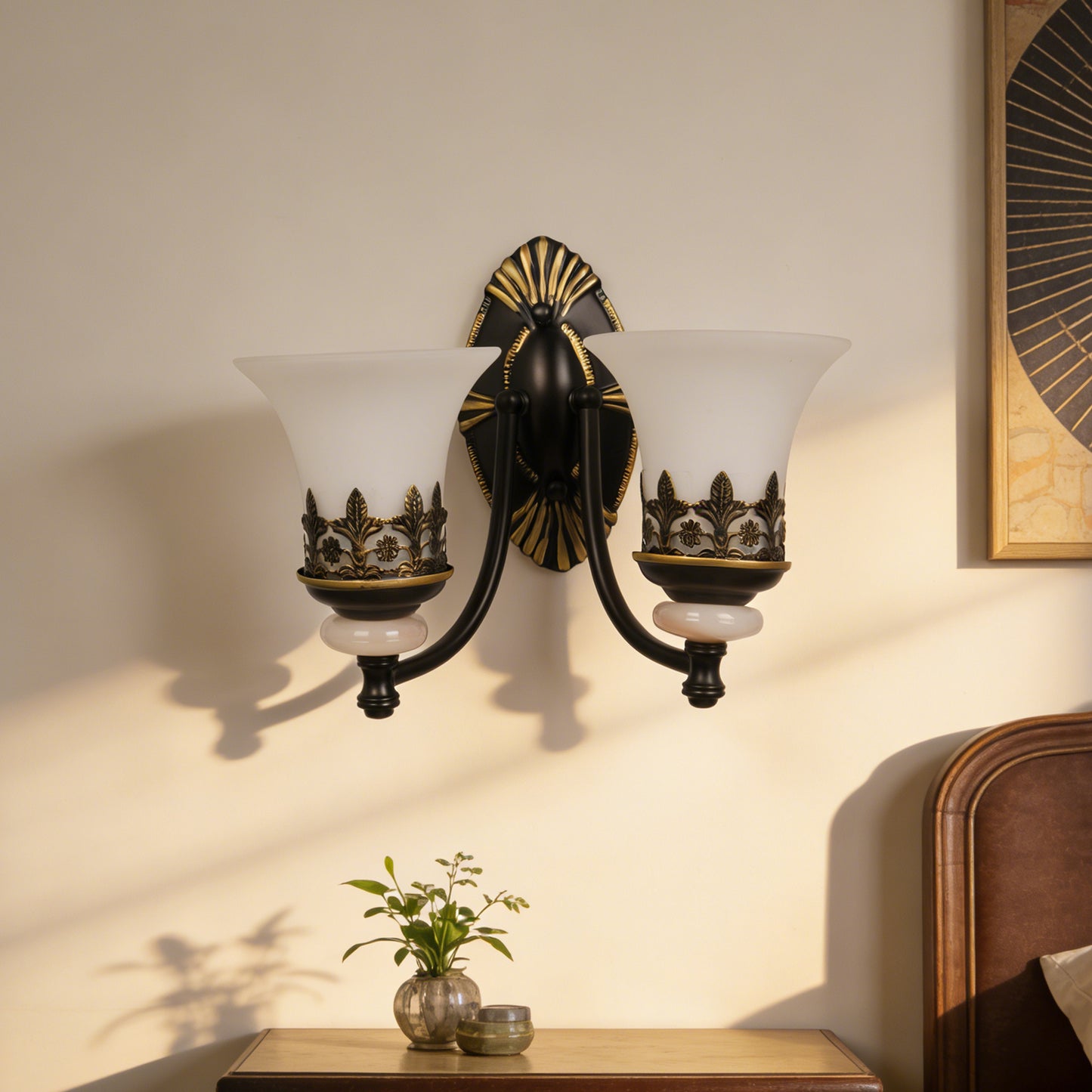 Vintage Double Light Wall Sconce - Antique Metal & Frosted Glass Wall Lamp
