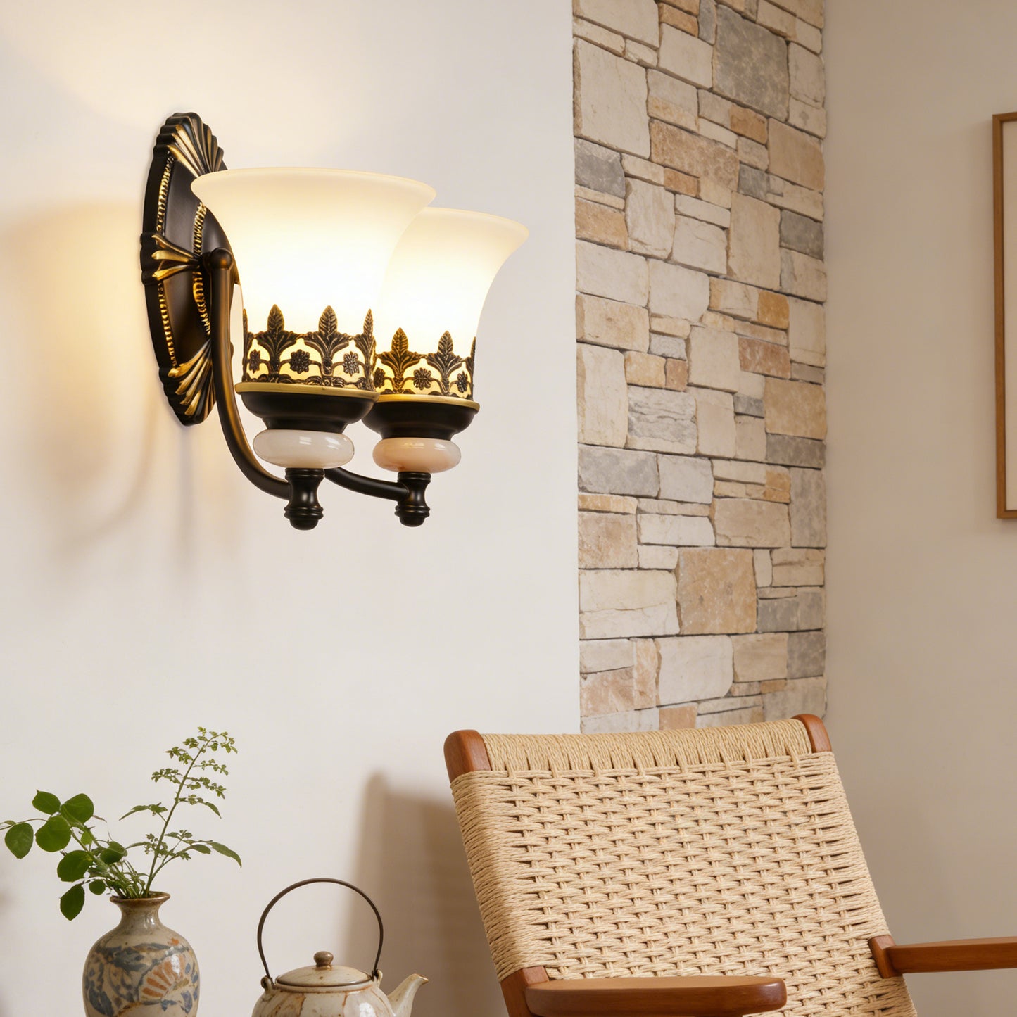 Vintage Double Light Wall Sconce - Antique Metal & Frosted Glass Wall Lamp