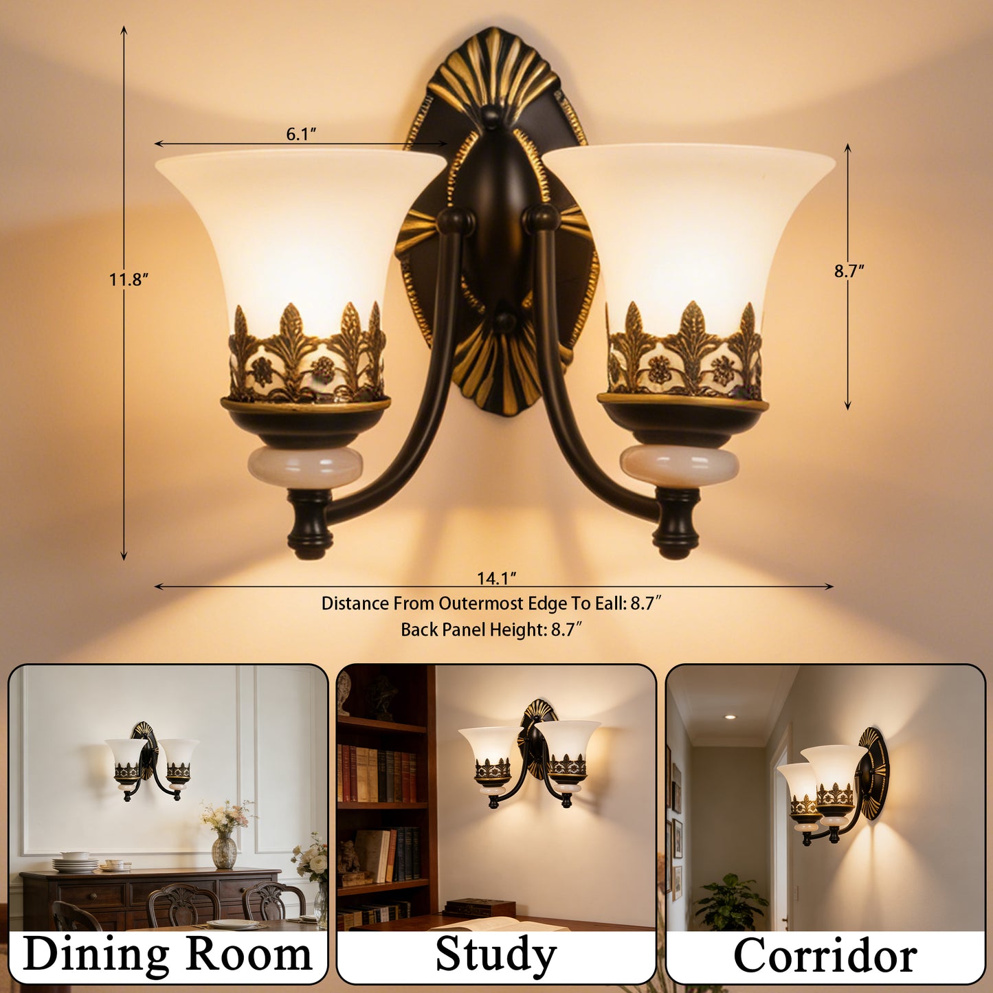 Vintage Double Light Wall Sconce - Antique Metal & Frosted Glass Wall Lamp