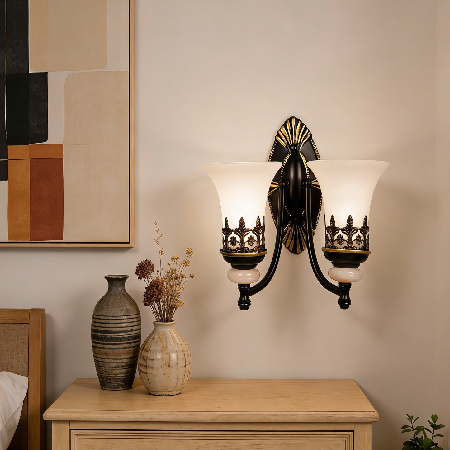 Vintage Double Light Wall Sconce - Antique Metal & Frosted Glass Wall Lamp