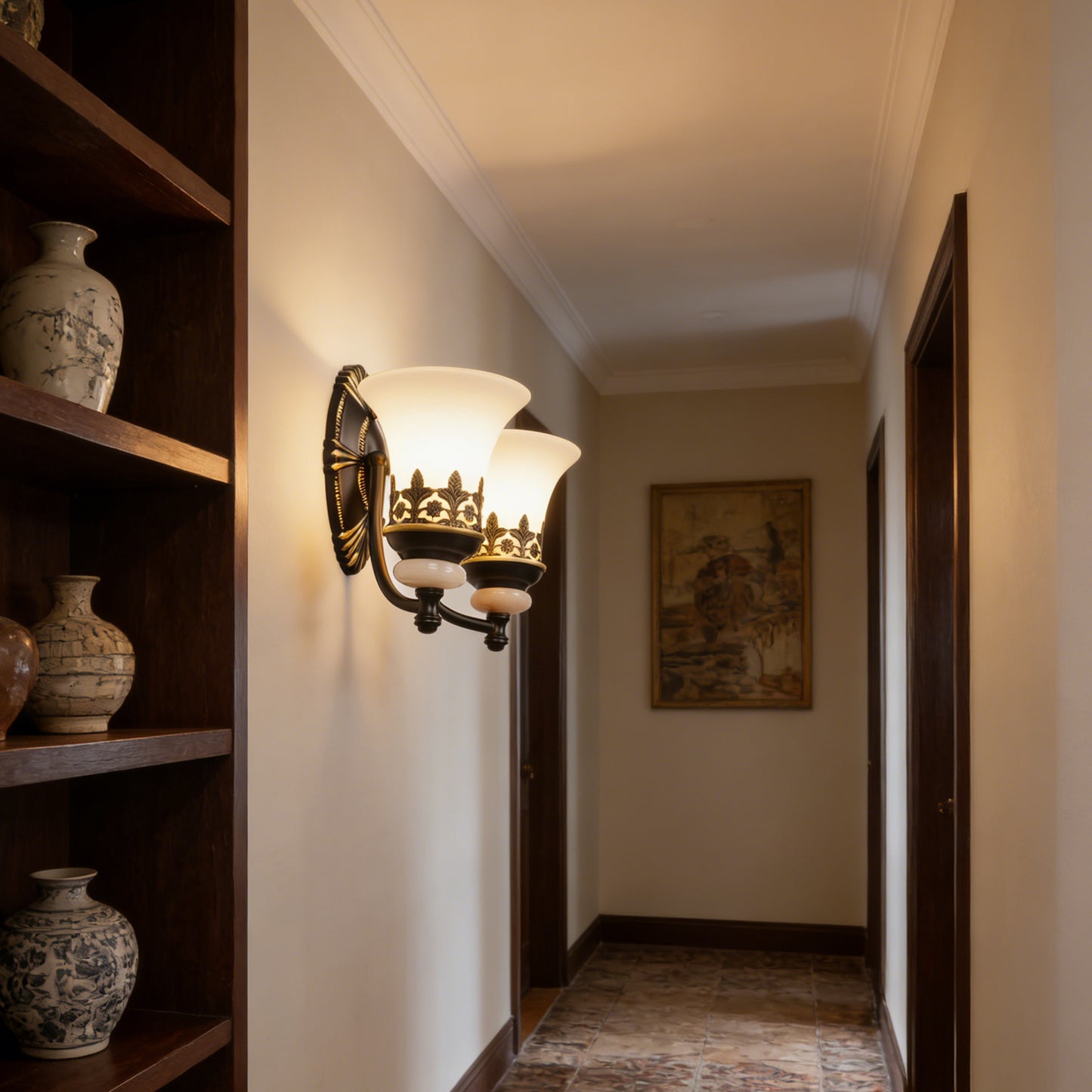 Vintage Double Light Wall Sconce - Antique Metal & Frosted Glass Wall Lamp