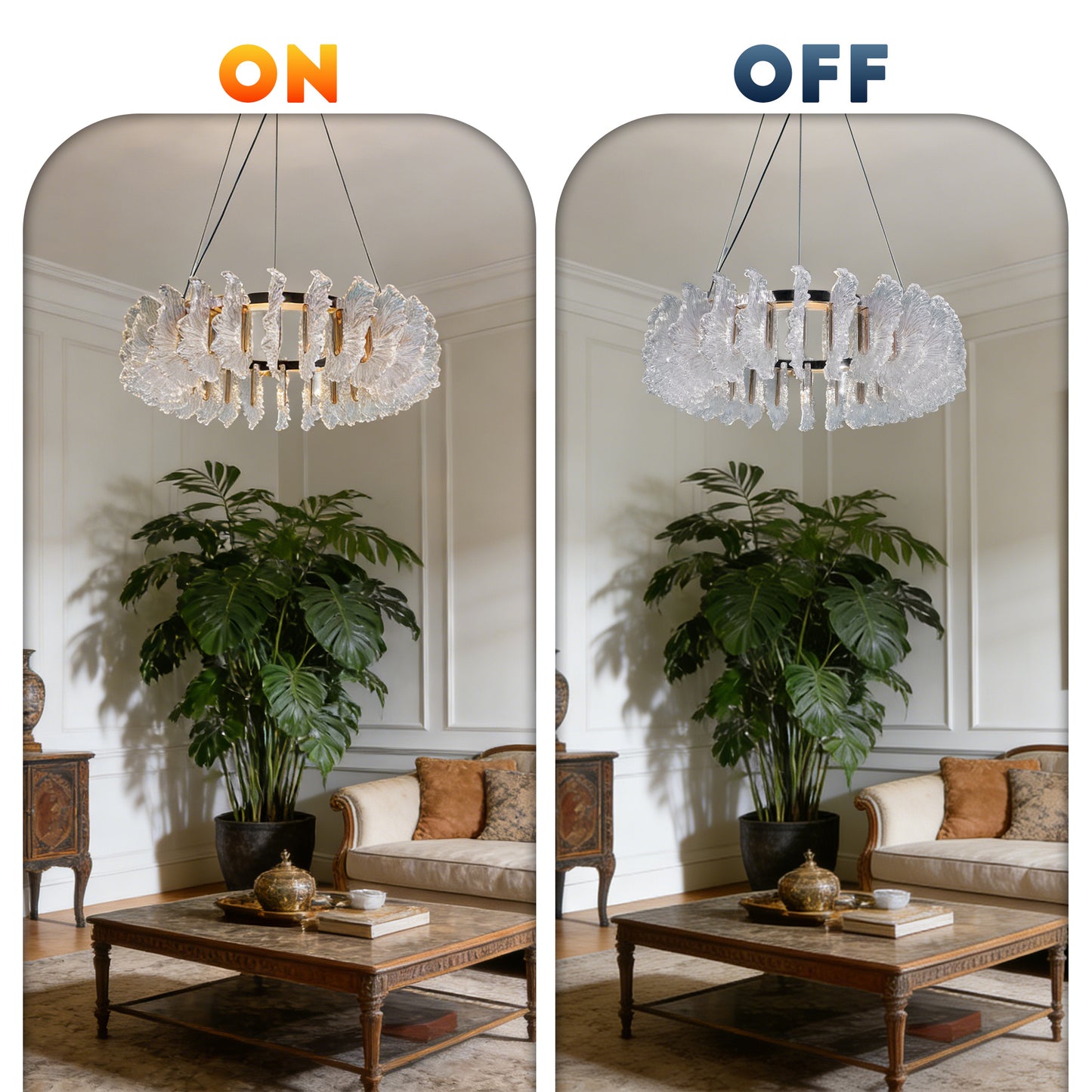 Murano Style Leaf Textured Glass Chandelier, Modern Luxury 3-Color Dimmable Pendant Light with Adjustable