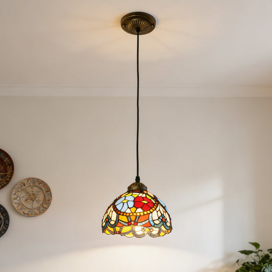 Vintage Stained Glass Floral Pendant Light - Tiffany Style Mini Ceiling Lamp