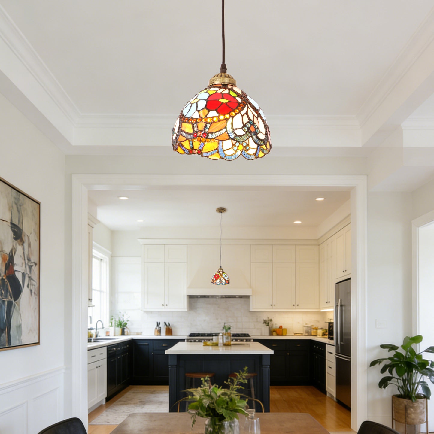 Vintage Stained Glass Floral Pendant Light - Tiffany Style Mini Ceiling Lamp