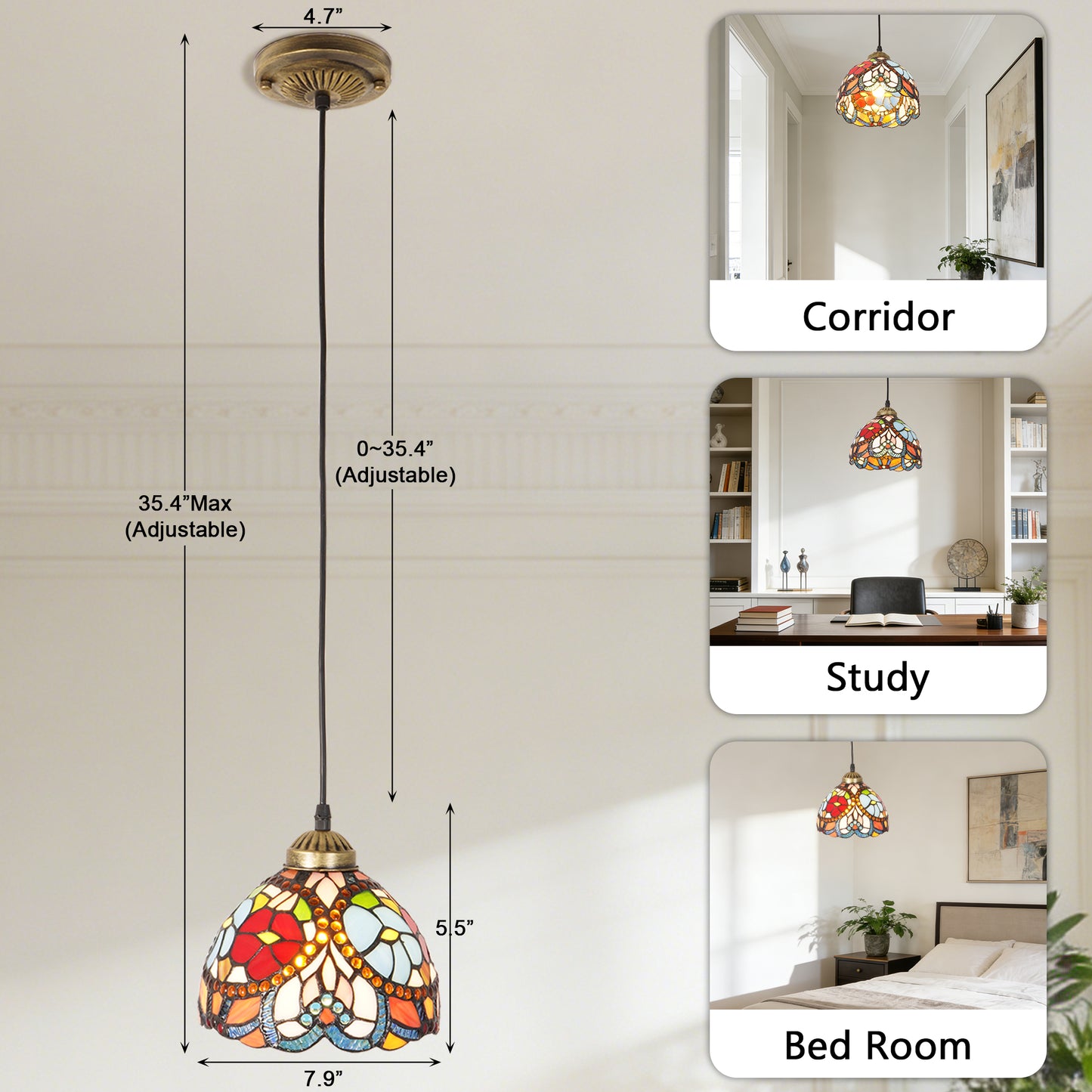Vintage Stained Glass Floral Pendant Light - Tiffany Style Mini Ceiling Lamp