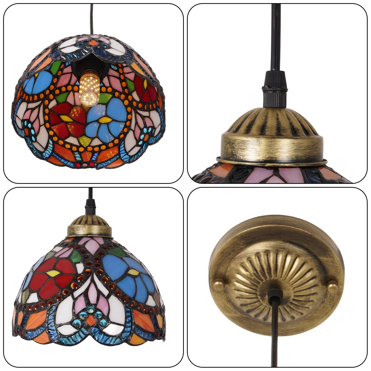 Vintage Stained Glass Floral Pendant Light - Tiffany Style Mini Ceiling Lamp