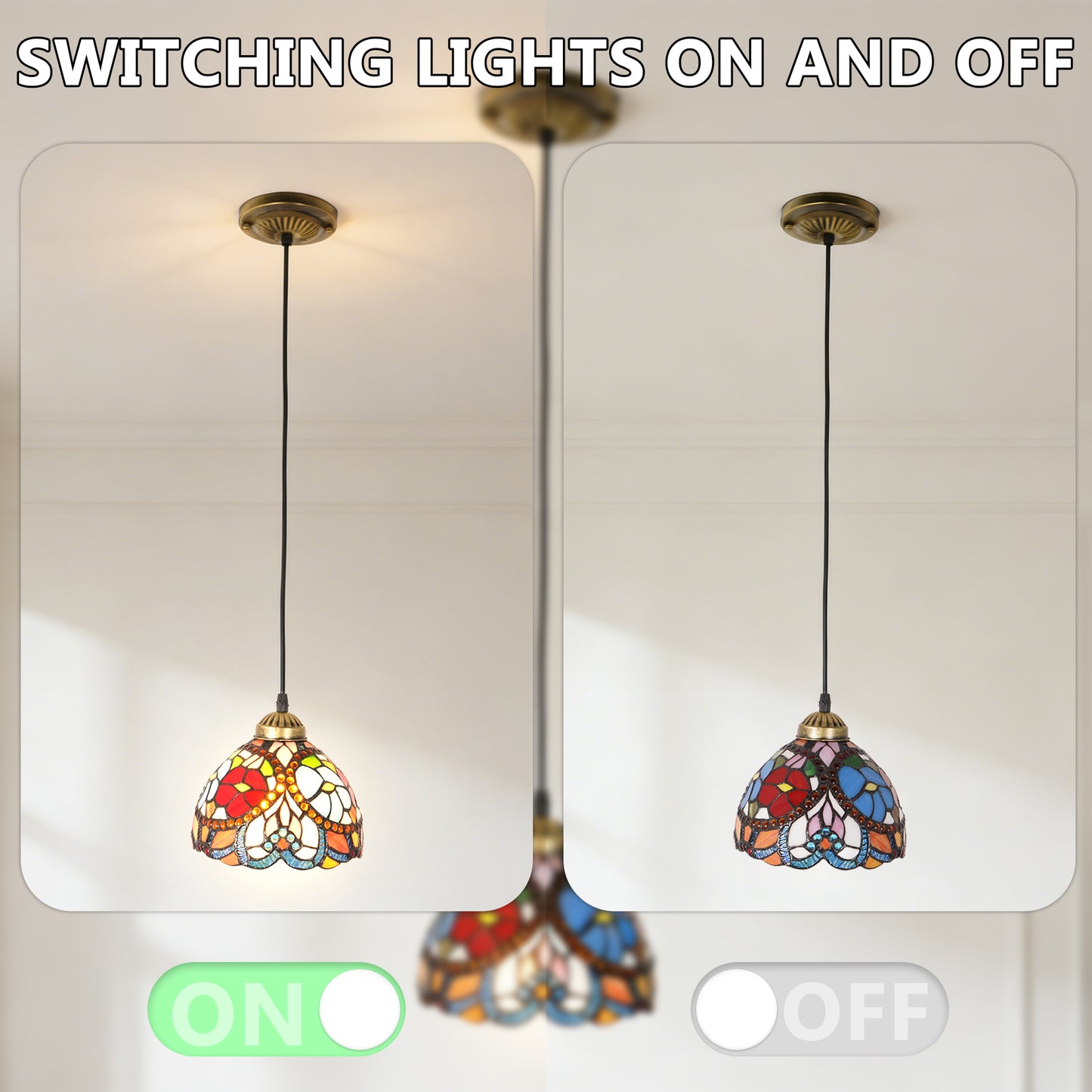 Vintage Stained Glass Floral Pendant Light - Tiffany Style Mini Ceiling Lamp