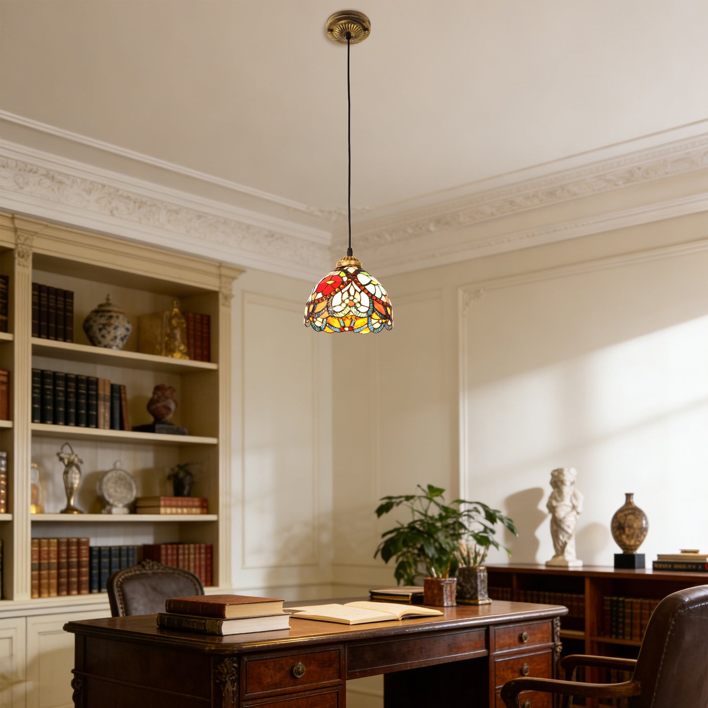 Vintage Stained Glass Floral Pendant Light - Tiffany Style Mini Ceiling Lamp