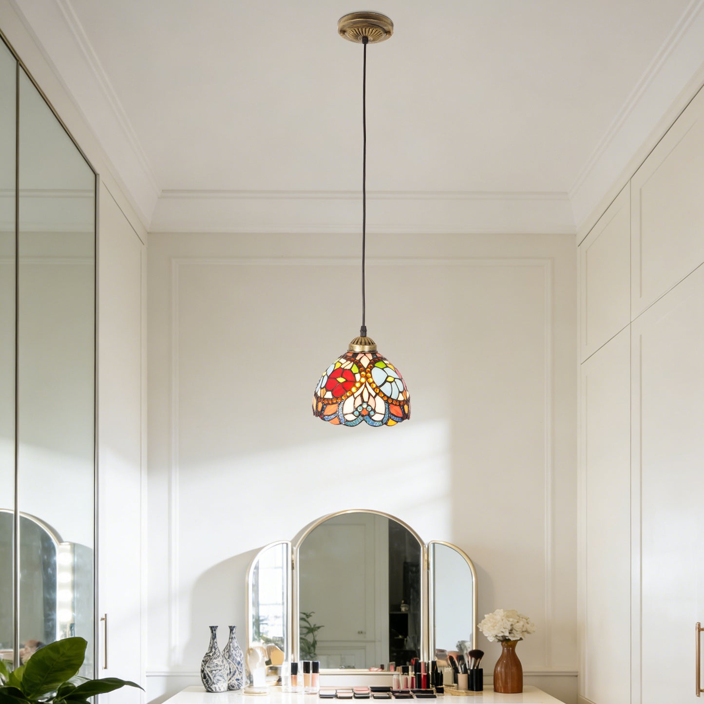 Vintage Stained Glass Floral Pendant Light - Tiffany Style Mini Ceiling Lamp