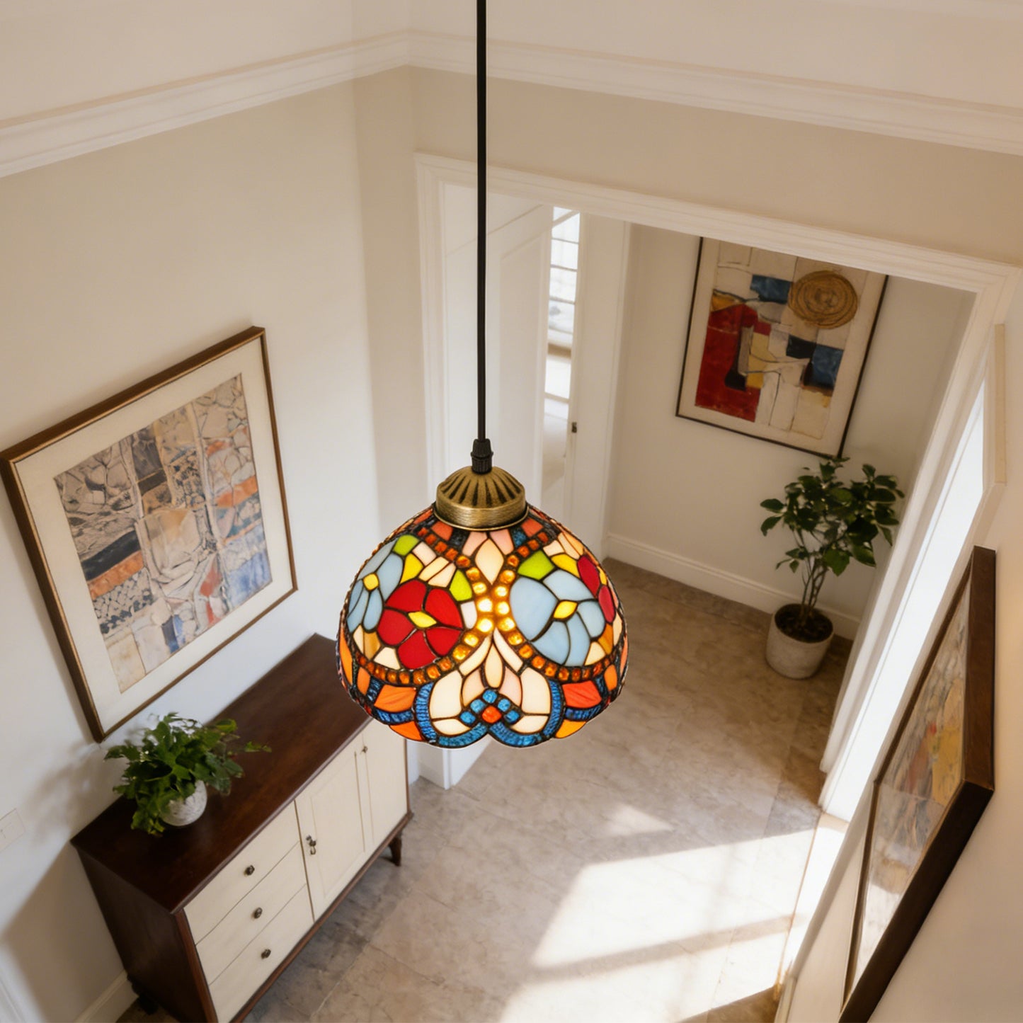 Vintage Stained Glass Floral Pendant Light - Tiffany Style Mini Ceiling Lamp