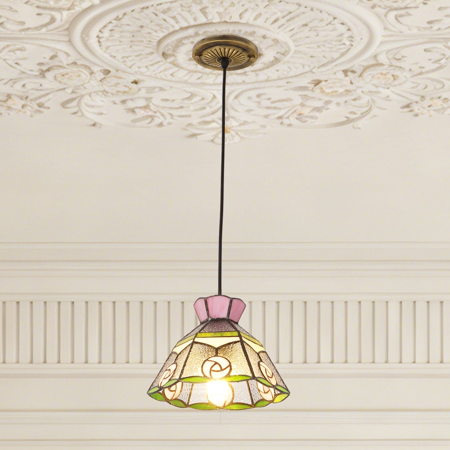 Vintage Stained Glass Pink Rose Pendant Light - Tiffany Style Mini Ceiling Lamp