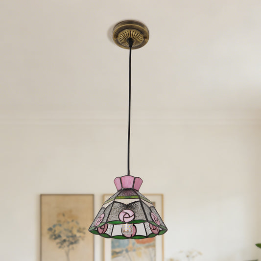 Vintage Stained Glass Pink Rose Pendant Light - Tiffany Style Mini Ceiling Lamp