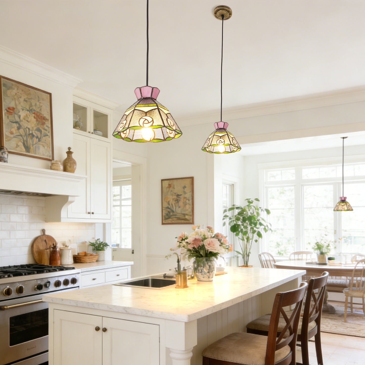 Vintage Stained Glass Pink Rose Pendant Light - Tiffany Style Mini Ceiling Lamp