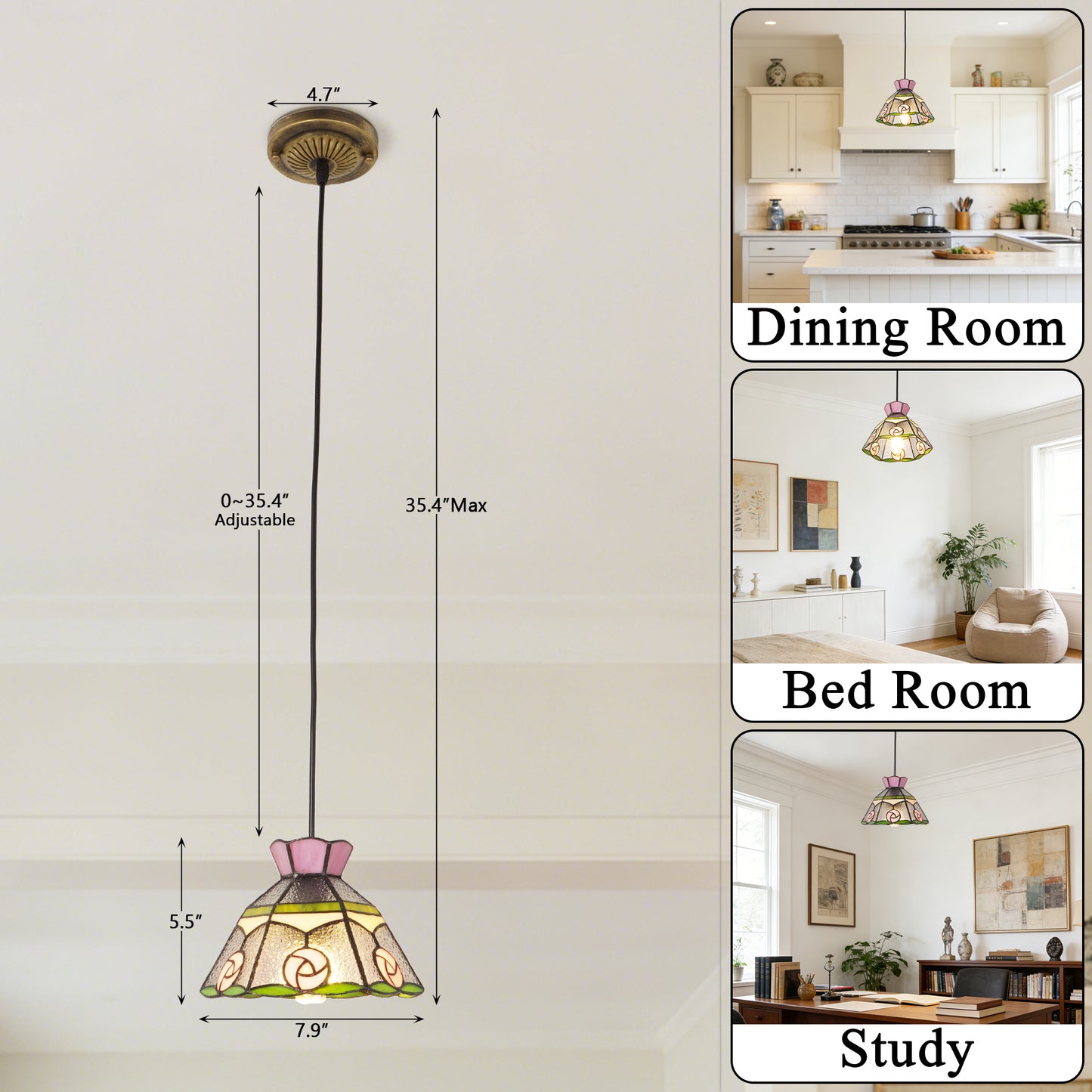 Vintage Stained Glass Pink Rose Pendant Light - Tiffany Style Mini Ceiling Lamp