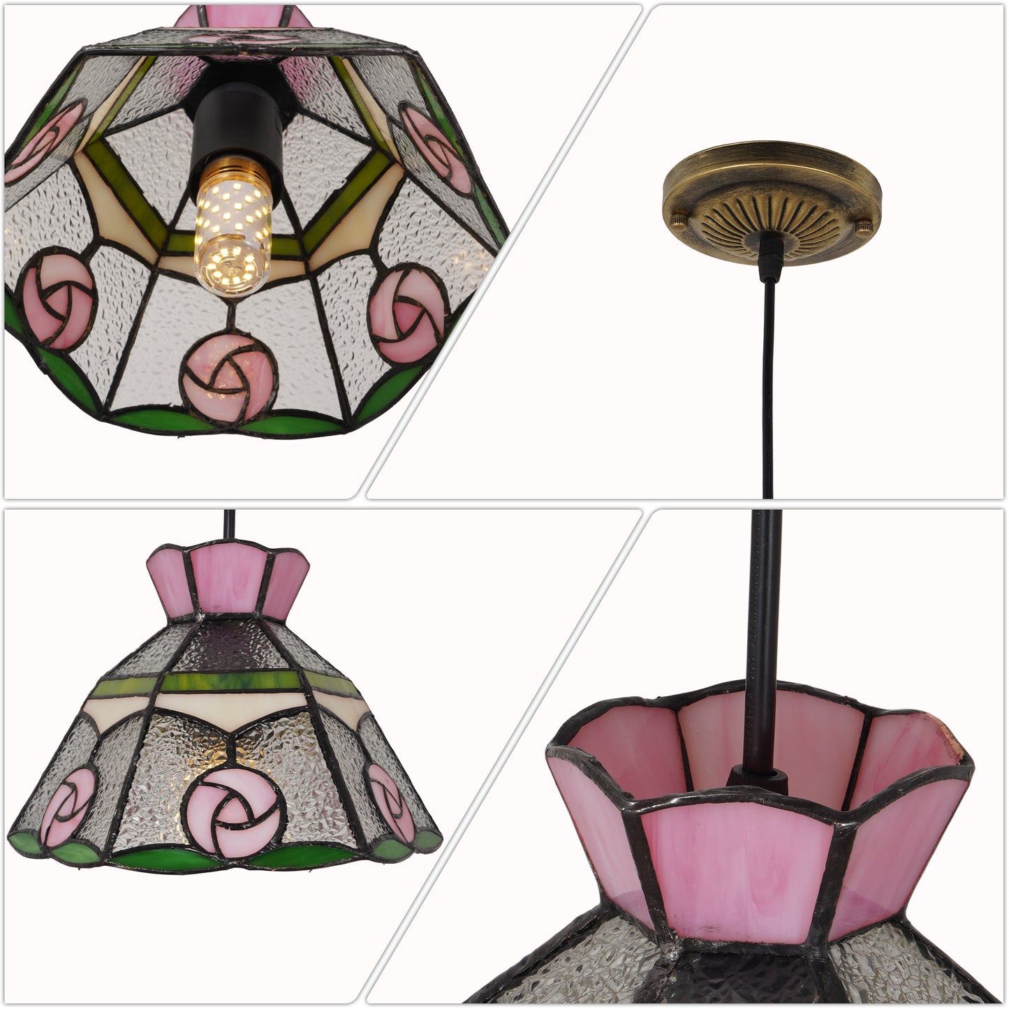 Vintage Stained Glass Pink Rose Pendant Light - Tiffany Style Mini Ceiling Lamp