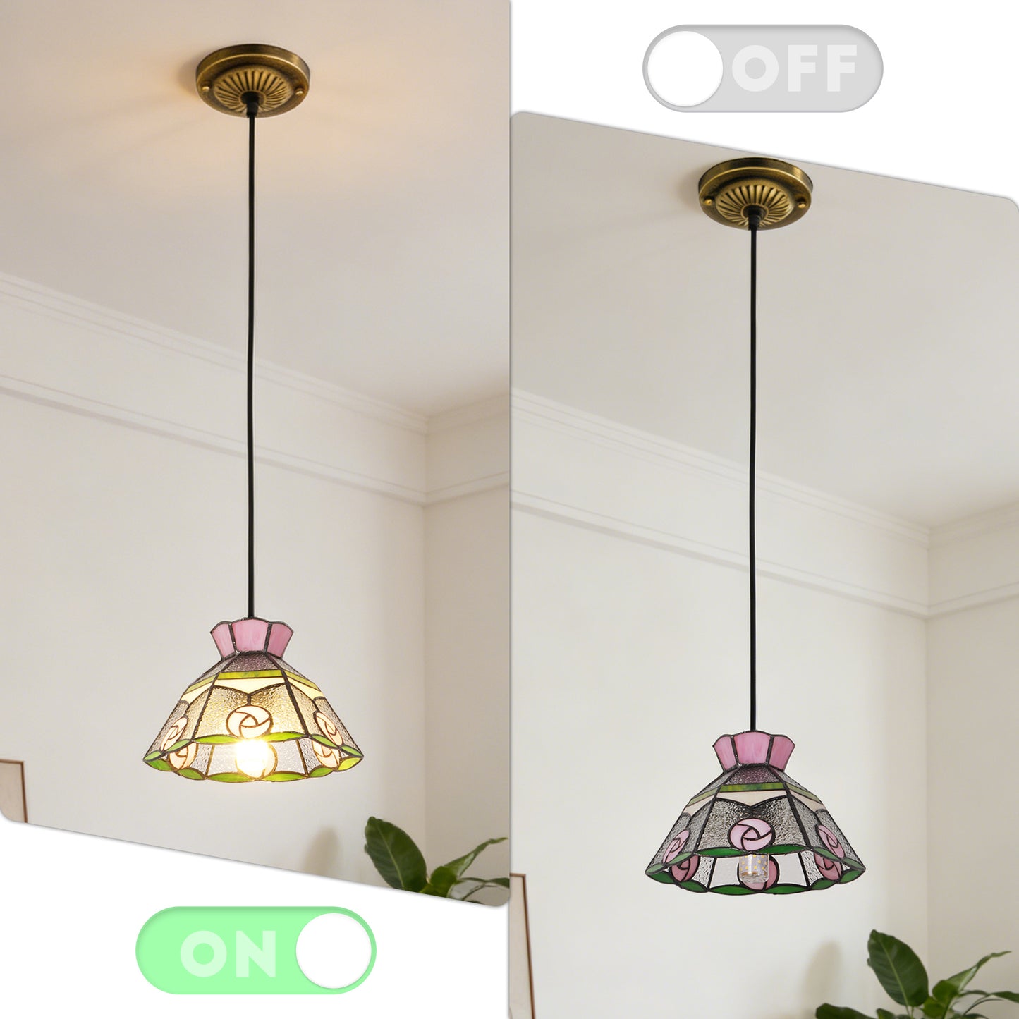 Vintage Stained Glass Pink Rose Pendant Light - Tiffany Style Mini Ceiling Lamp
