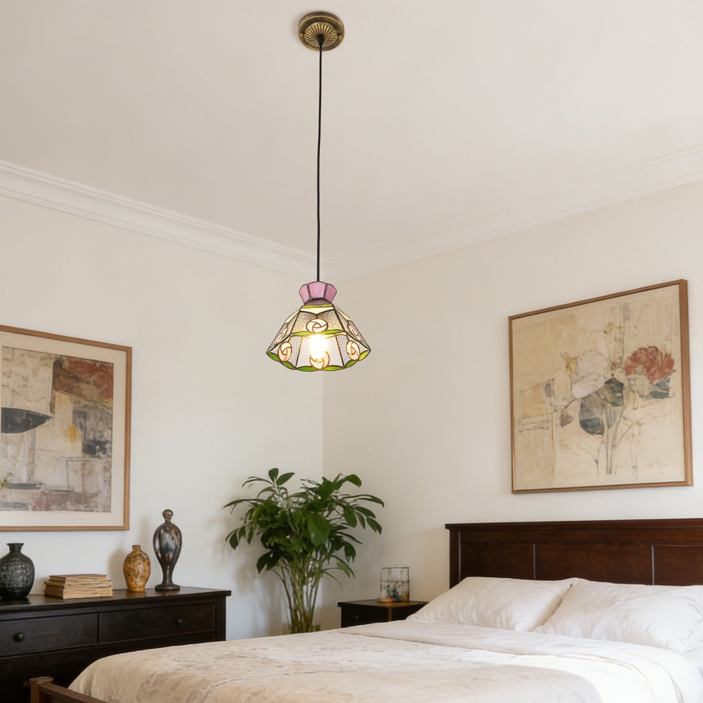 Vintage Stained Glass Pink Rose Pendant Light - Tiffany Style Mini Ceiling Lamp