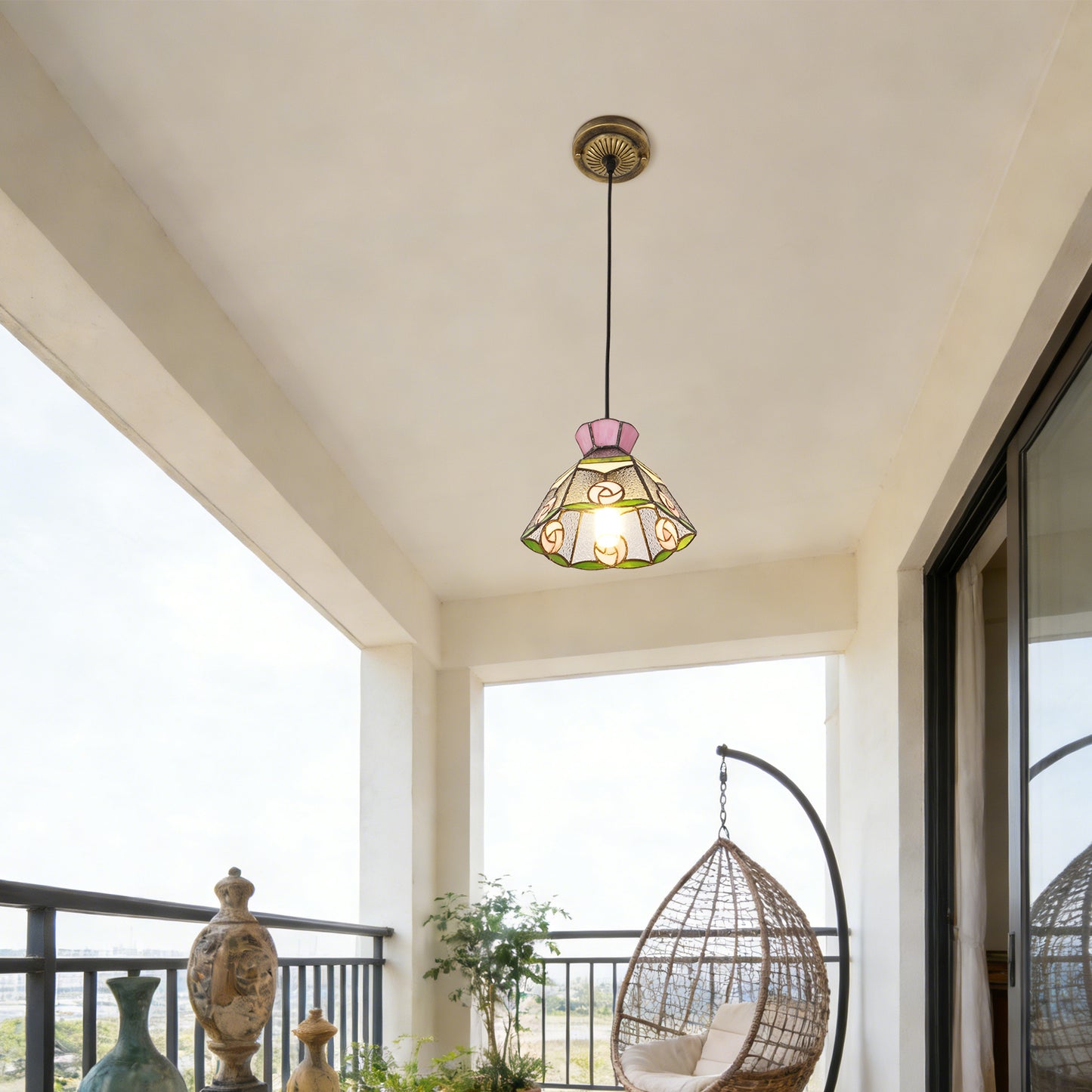 Vintage Stained Glass Pink Rose Pendant Light - Tiffany Style Mini Ceiling Lamp