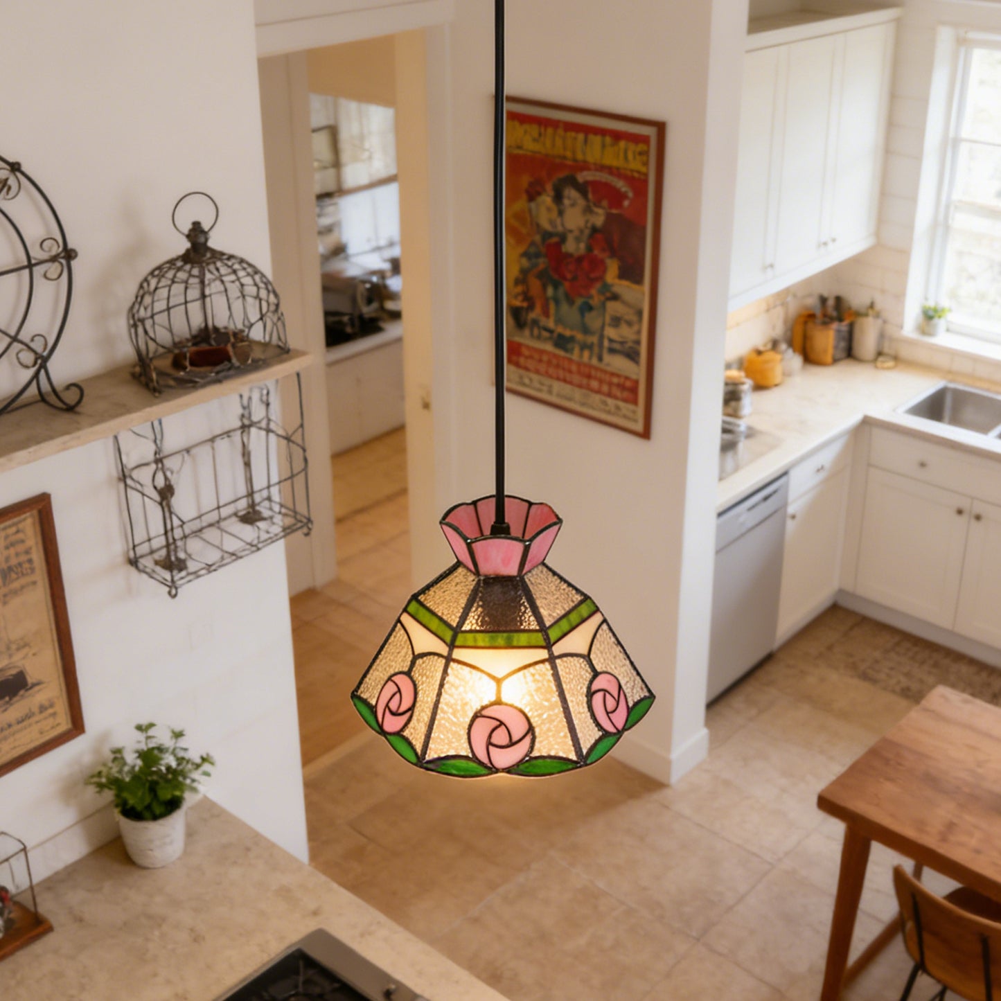Vintage Stained Glass Pink Rose Pendant Light - Tiffany Style Mini Ceiling Lamp