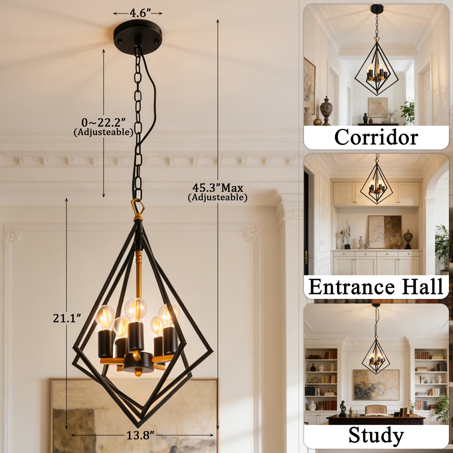 Industrial Geometric Diamond 5-Light Pendant Light - Adjustable Height Chandelier