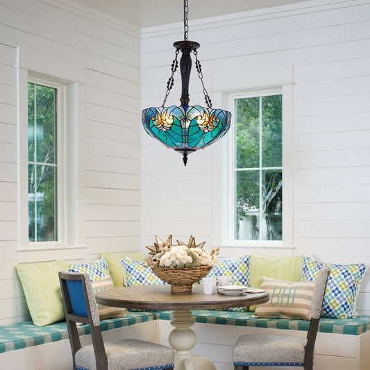 3 - Light Dimmable Tiffany Geometric Chandelier Semi Flush Mount Stained Glass Pendant Light-DS-DR34