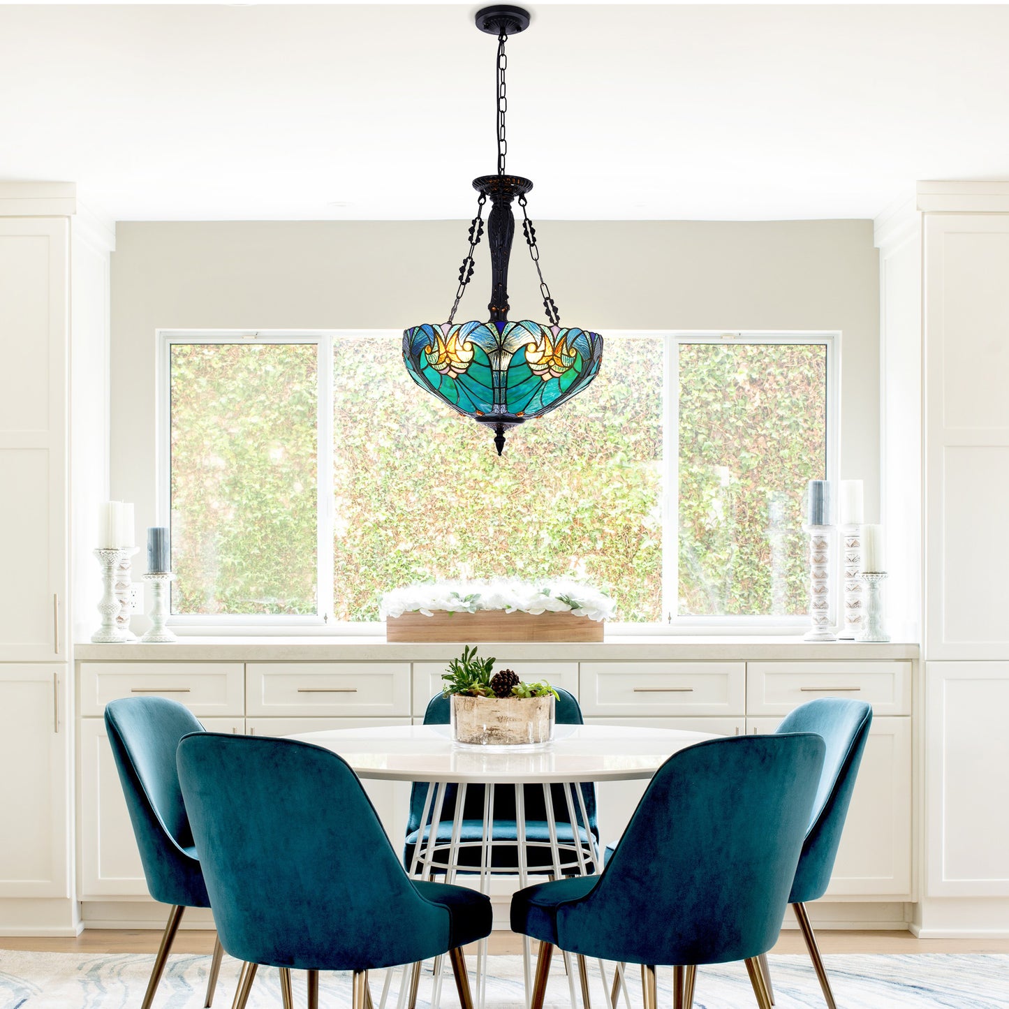 3 - Light Dimmable Tiffany Geometric Chandelier Semi Flush Mount Stained Glass Pendant Light-DS-DR34