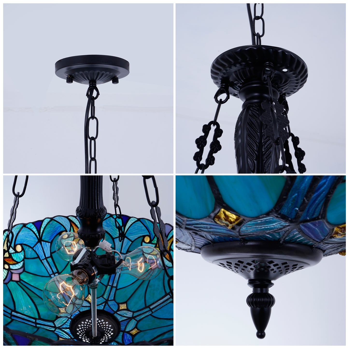 3 - Light Dimmable Tiffany Geometric Chandelier Semi Flush Mount Stained Glass Pendant Light-DS-DR34