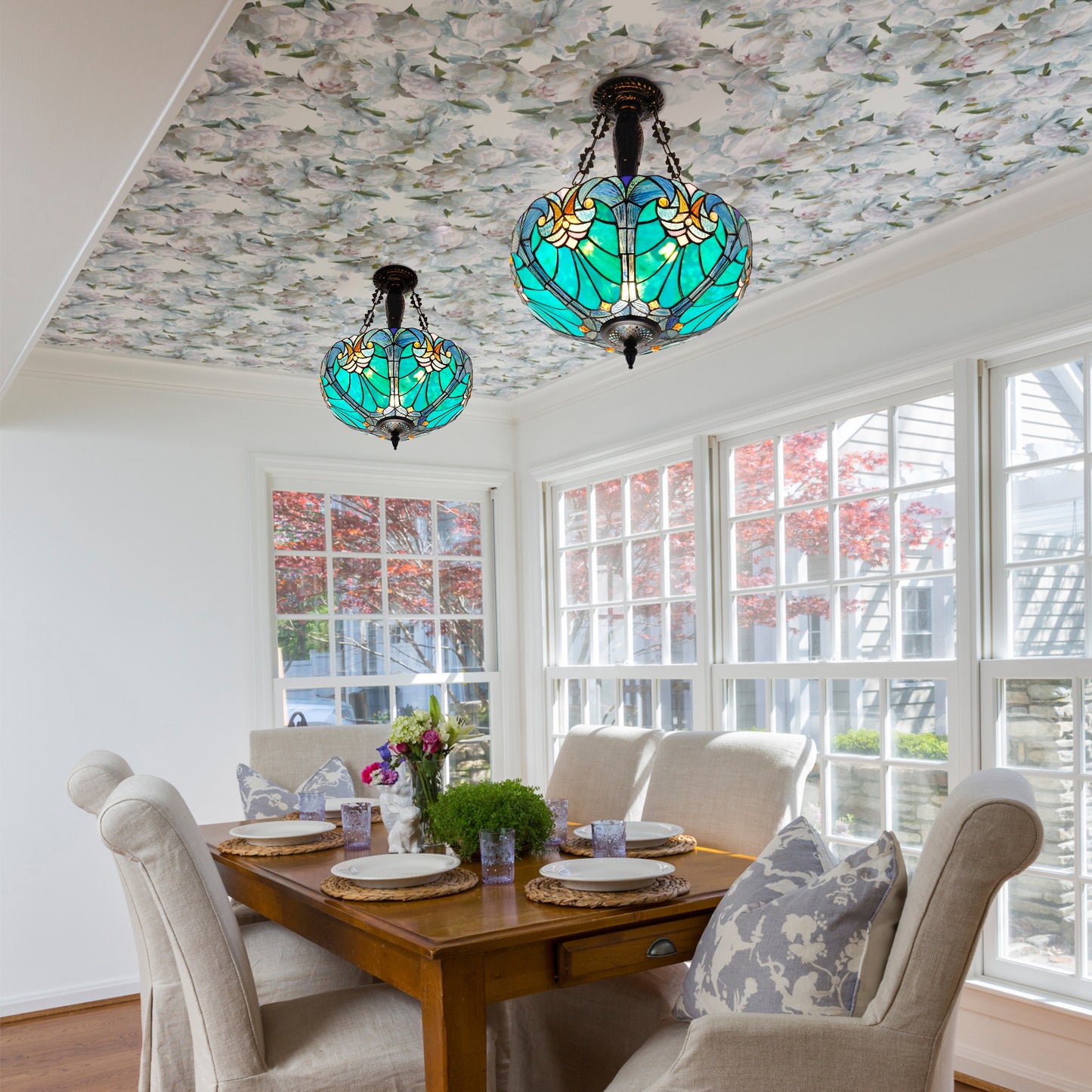 3 - Light Dimmable Tiffany Geometric Chandelier Semi Flush Mount Stained Glass Pendant Light-DS-DR34