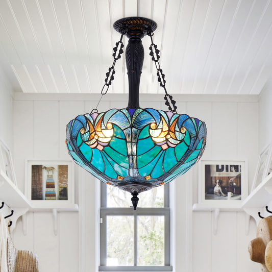 3 - Light Dimmable Tiffany Geometric Chandelier Semi Flush Mount Stained Glass Pendant Light-DS-DR34