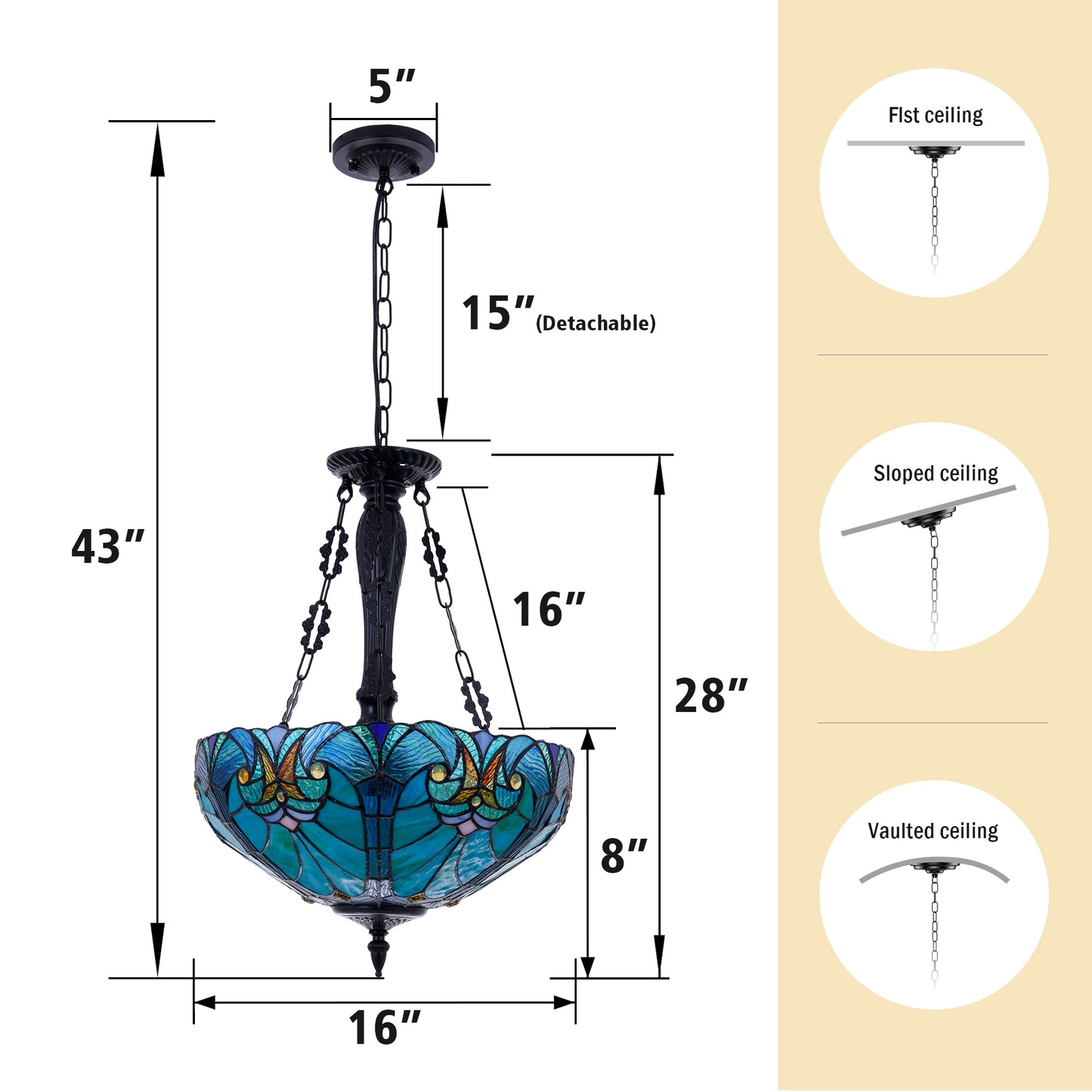 3 - Light Dimmable Tiffany Geometric Chandelier Semi Flush Mount Stained Glass Pendant Light-DS-DR34