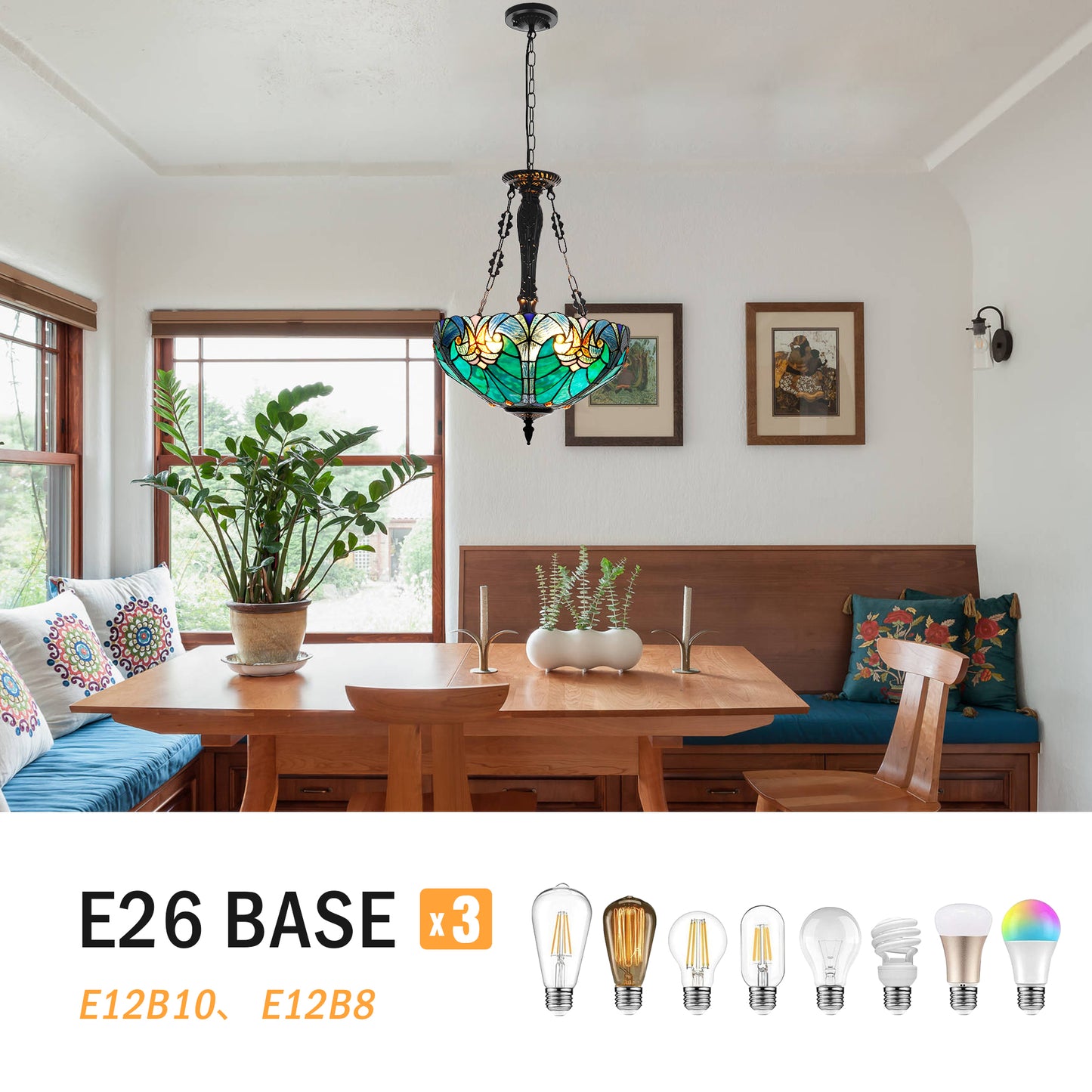 3 - Light Dimmable Tiffany Geometric Chandelier Semi Flush Mount Stained Glass Pendant Light-DS-DR34