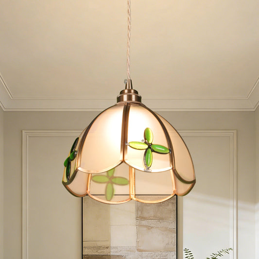 Vintage Tiffany Style Green Four-Leaf Clover Glass Pendant Light - Single Light Adjustable Copper Finish Hanging Lamp