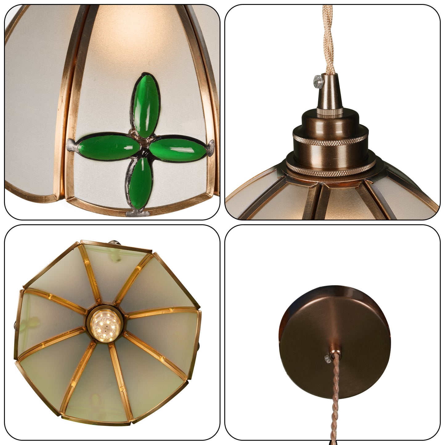 Vintage Tiffany Style Green Four-Leaf Clover Glass Pendant Light - Single Light Adjustable Copper Finish Hanging Lamp