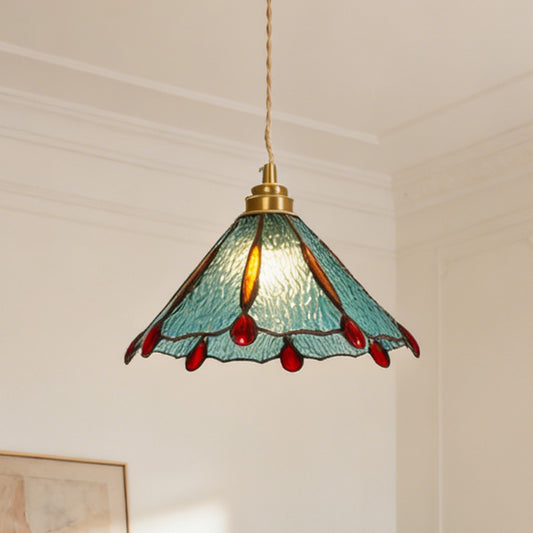 Stained Glass Pendant Light, Turquoise & Red Decorative Hanging Lamp with Adjustable Cord, Copper Finish Ceiling Fixture for Kitchen Island Dining Room Bedroom (E26 Base Compatible)