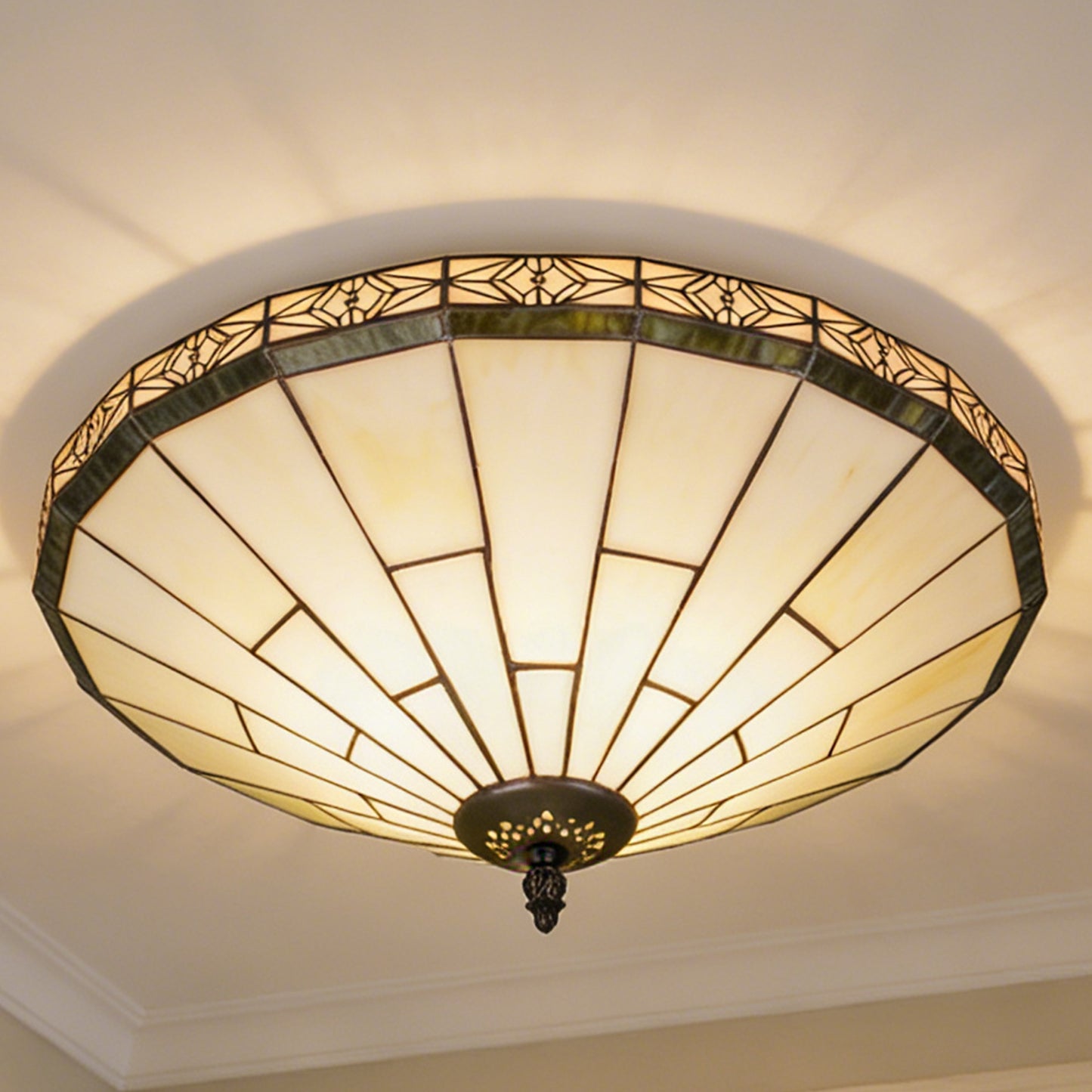 Tiffany Style Stained Glass Flush Mount Ceiling Light - Geometric Pattern Cream Glass 2-Light E26 Ceiling Lamp