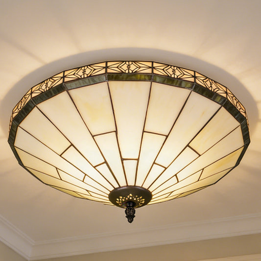 Tiffany Style Stained Glass Flush Mount Ceiling Light - Geometric Pattern Cream Glass 2-Light E26 Ceiling Lamp