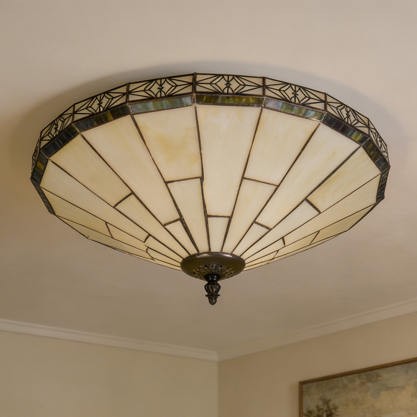 Tiffany Style Stained Glass Flush Mount Ceiling Light - Geometric Pattern Cream Glass 2-Light E26 Ceiling Lamp