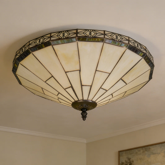 Tiffany Style Stained Glass Flush Mount Ceiling Light - Geometric Pattern Cream Glass 2-Light E26 Ceiling Lamp