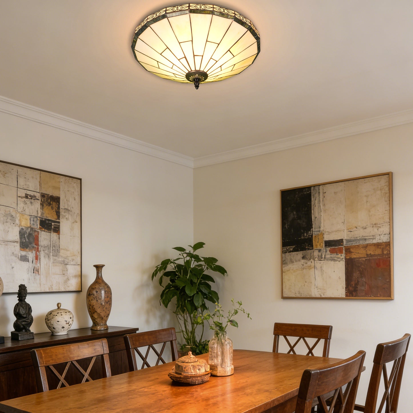 Tiffany Style Stained Glass Flush Mount Ceiling Light - Geometric Pattern Cream Glass 2-Light E26 Ceiling Lamp
