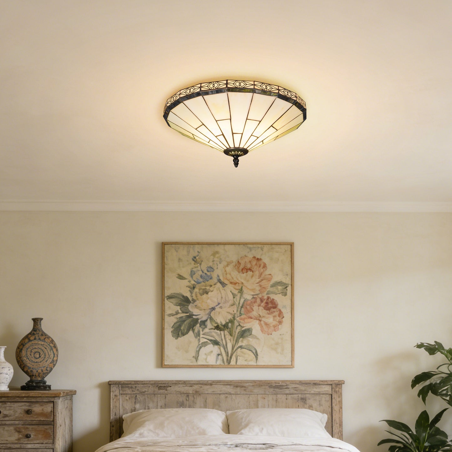 Tiffany Style Stained Glass Flush Mount Ceiling Light - Geometric Pattern Cream Glass 2-Light E26 Ceiling Lamp
