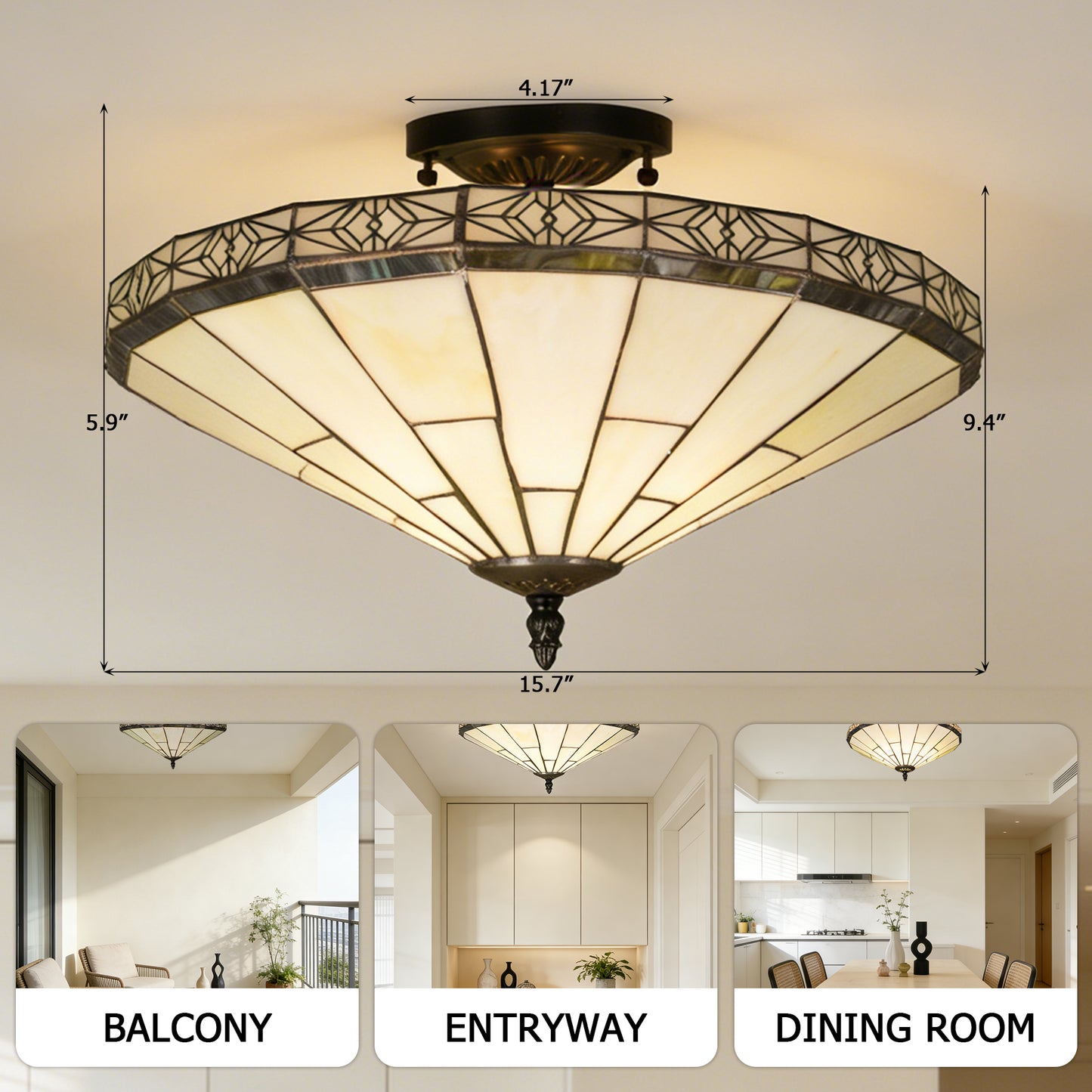 Tiffany Style Stained Glass Flush Mount Ceiling Light - Geometric Pattern Cream Glass 2-Light E26 Ceiling Lamp