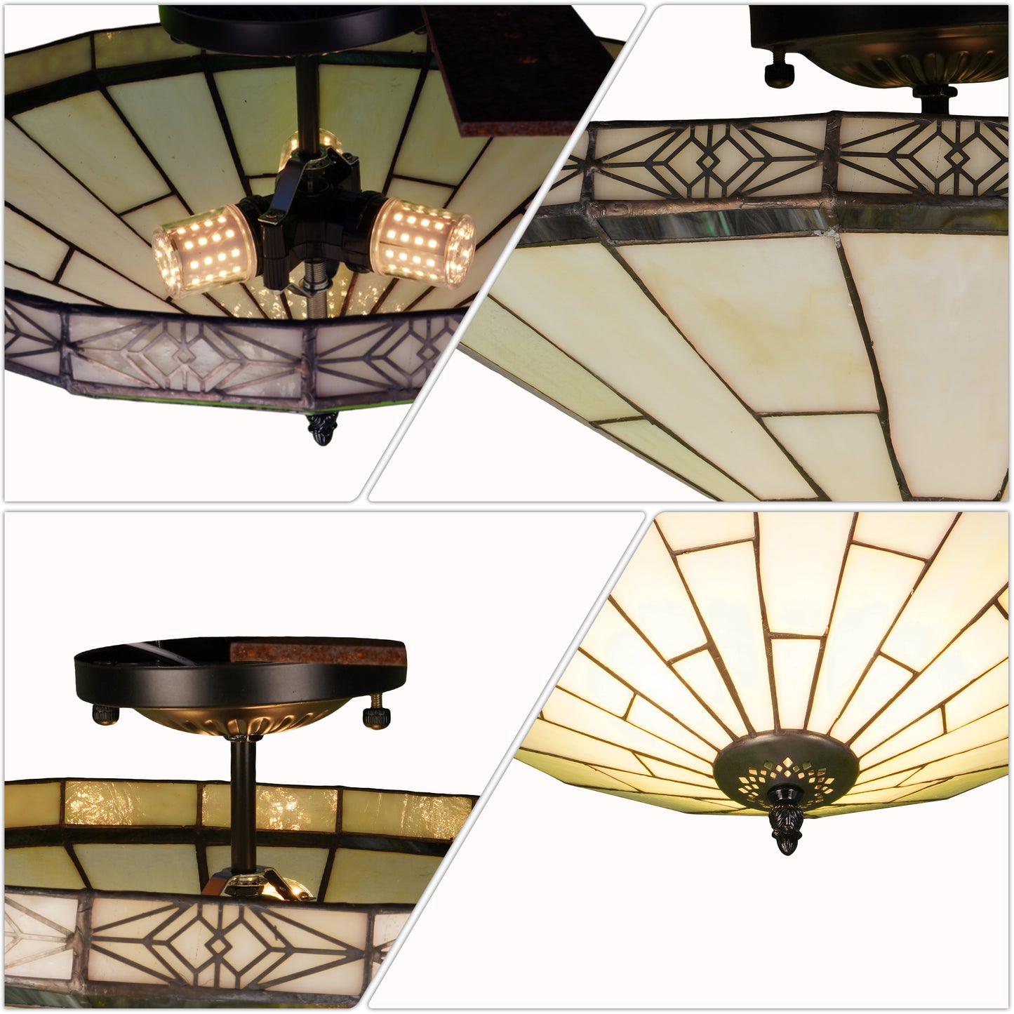 Tiffany Style Stained Glass Flush Mount Ceiling Light - Geometric Pattern Cream Glass 2-Light E26 Ceiling Lamp